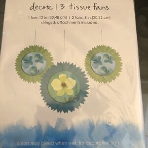 3 Kathy Davis dangling Decorative Tissue Fans 12" 8" aqua blue lime green floral